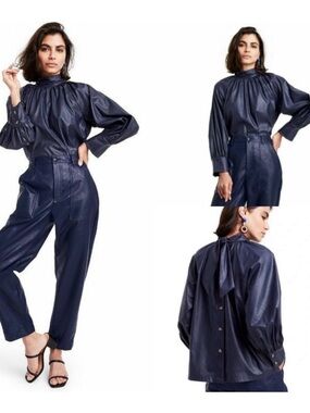 Rachel Comey Navy Faux Leather Button Back Tie Neck Contemporary Blouse, XL